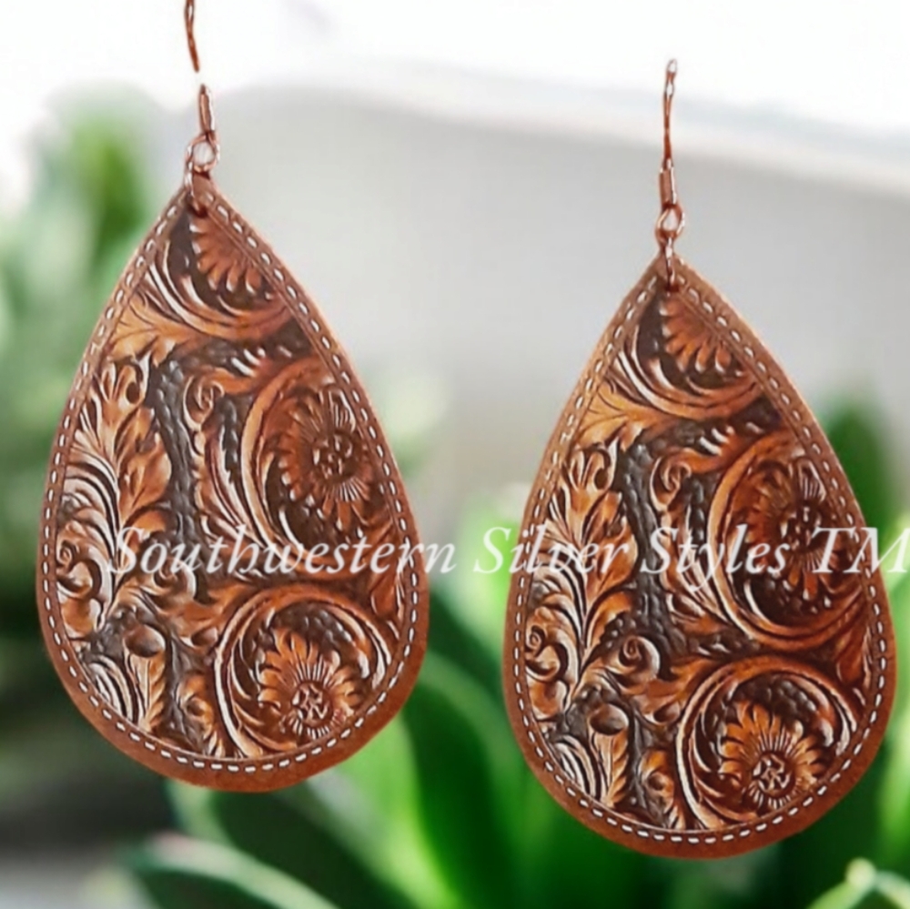 NEW Soft Boho Chic Embossed Leather Southwestern Flower Hook Dangle Earrings (A)